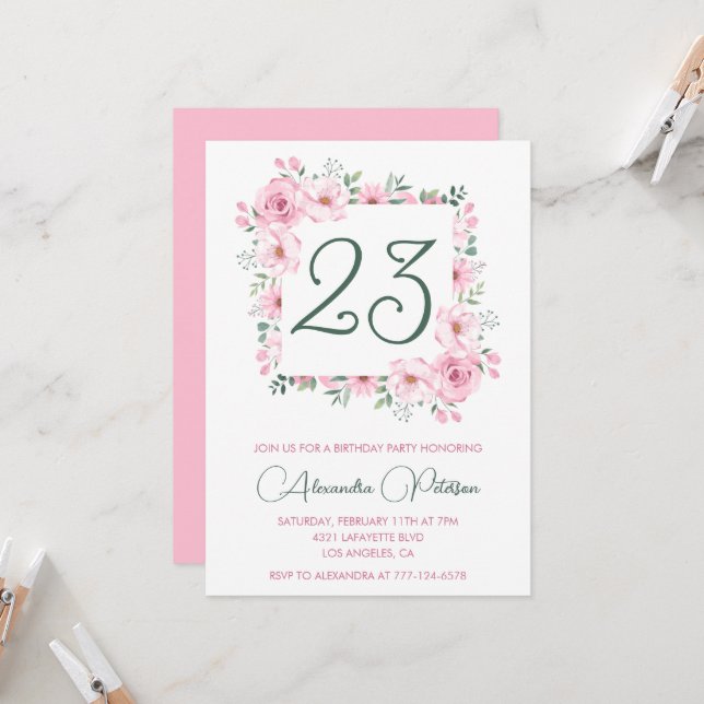Elegante invitaciones de 23 años Floral Pink (Anverso/Reverso In Situ)