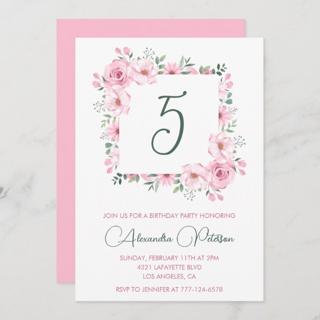Elegante invitaciones de 5 años Floral Pink (Anverso / Reverso)