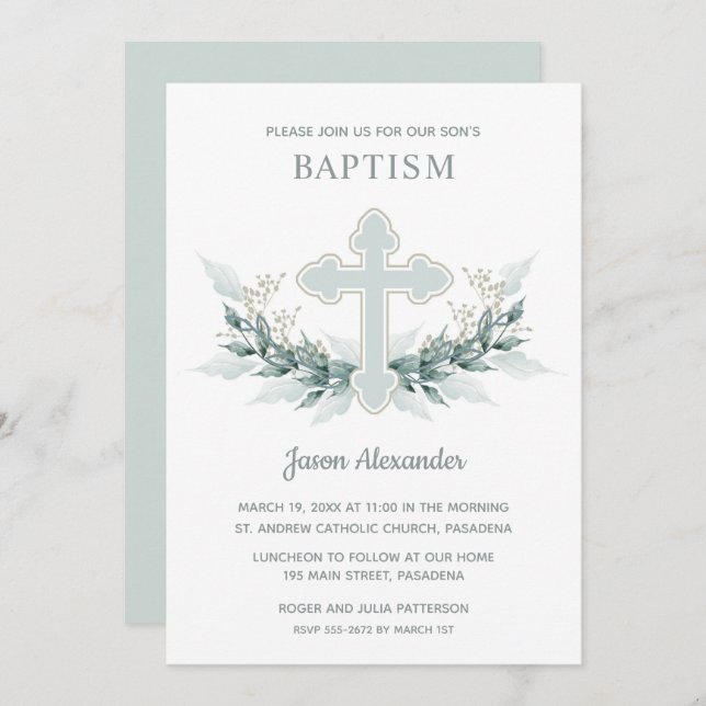 Elegante invitaciones de bautismo de acuarela azul (Anverso / Reverso)