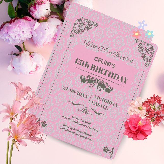 Elegante invitaciones de cumpleaños 15 - rosa (Elegant Lace 15th Birthday Invitations – Custom & Stylish)