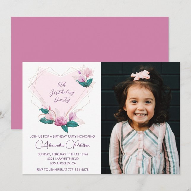 Elegante invitaciones de cumpleaños 6 Floral Photo (Anverso / Reverso)