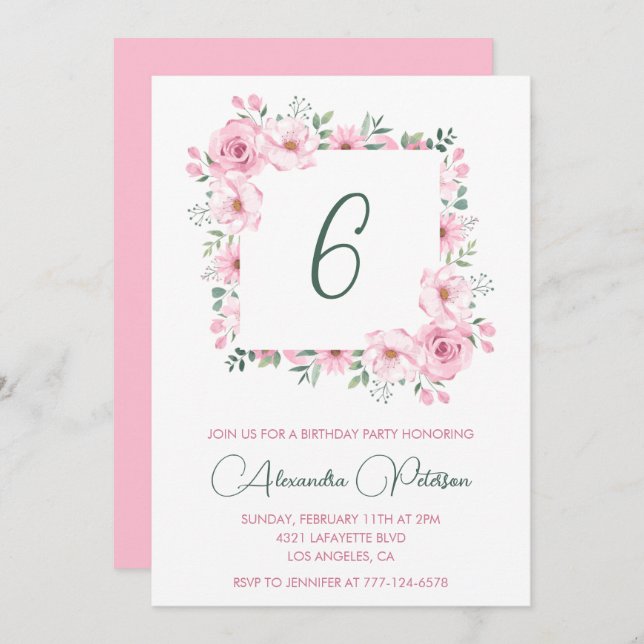 Elegante invitaciones de cumpleaños 6 Floral Pink (Anverso / Reverso)