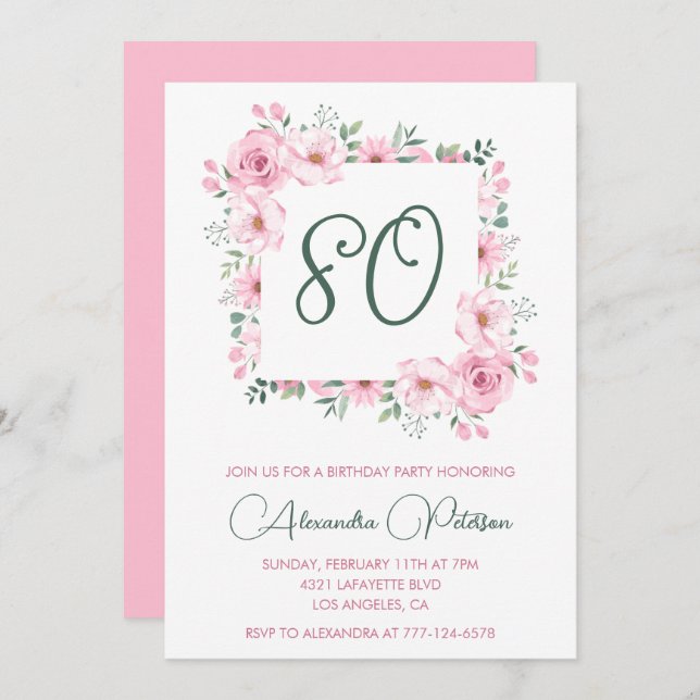 Elegante invitaciones de cumpleaños 80 Floral Pink (Anverso / Reverso)
