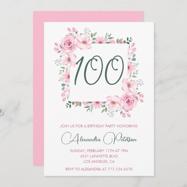 Elegante invitaciones de cumpleaños número 100 Flo (Anverso / Reverso)