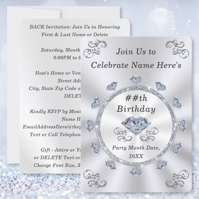 Elegante, invitaciones de cumpleaños para adultos, (60th birthday party invitations for her. Diamond birthday party ideas. 75th birthday invitations.)