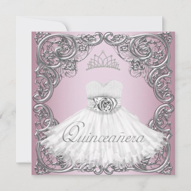 Elegante invitaciones de Quinceanera Rosa Plata (Anverso)