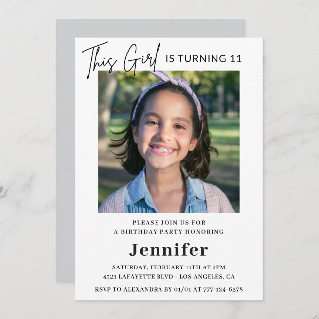 Elegante invitaciones para el 11º cumpleaños Foto  (Anverso / Reverso)