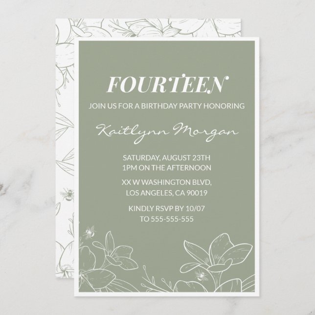 Elegante invitaciones para el 14 cumpleaños Floral (Anverso / Reverso)
