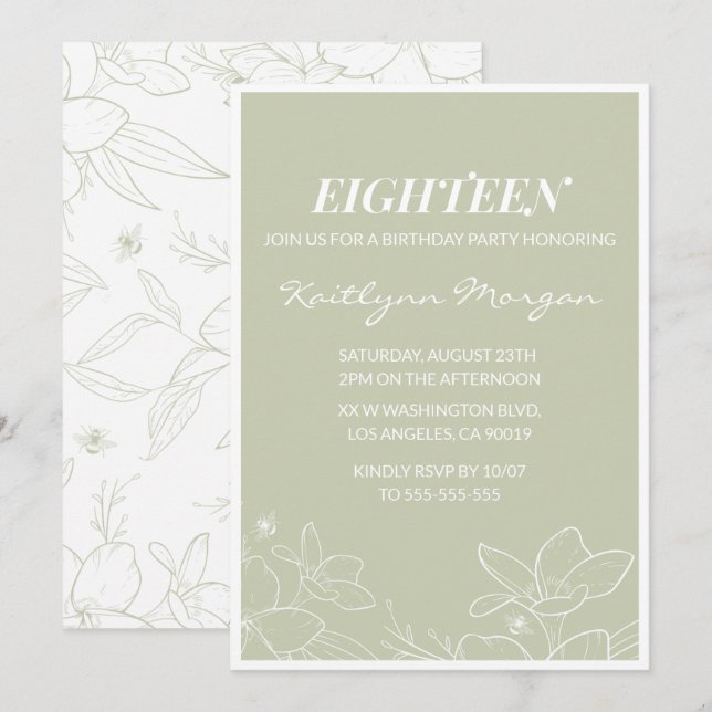 Elegante invitaciones para el 18 cumpleaños Floral (Anverso / Reverso)