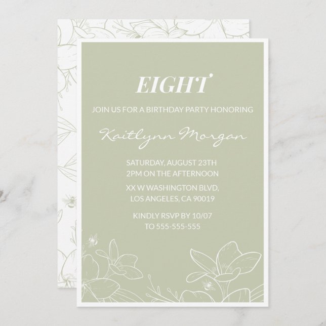 Elegante invitaciones para el octavo cumpleaños Fl (Anverso / Reverso)