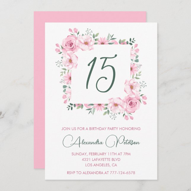 Elegante invitaciones por 15 años Floral Pink (Anverso / Reverso)