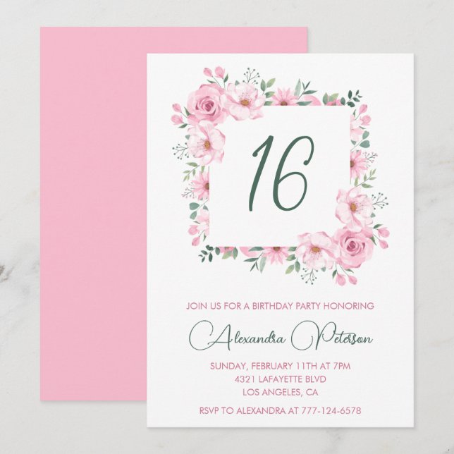 Elegante invitaciones por 16 años Floral Pink (Anverso / Reverso)
