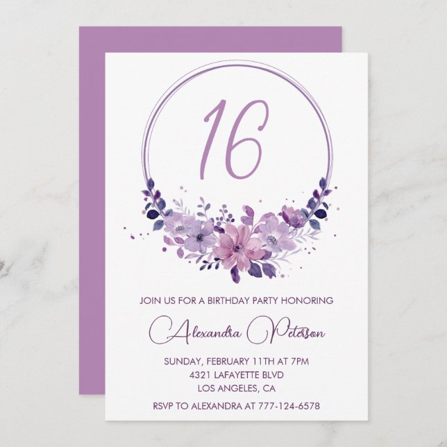 Elegante invitaciones por 16 años Floral Purple (Anverso / Reverso)