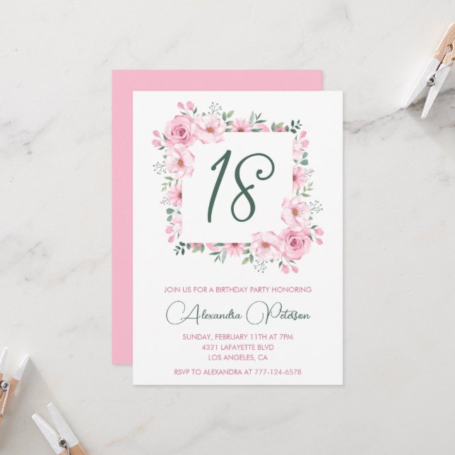 Elegante invitaciones por 18 años Floral Pink (Anverso/Reverso In Situ)