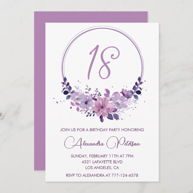 Elegante invitaciones por 18 años Floral Purple (Anverso / Reverso)