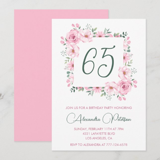 Elegante invitaciones por 65 años Floral Pink (Anverso / Reverso)
