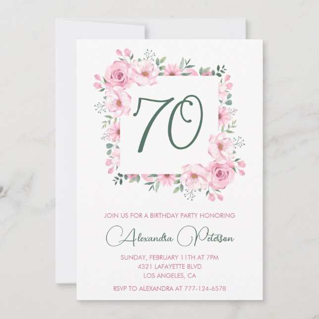 Elegante invitaciones por 70 años Floral Pink (Anverso)