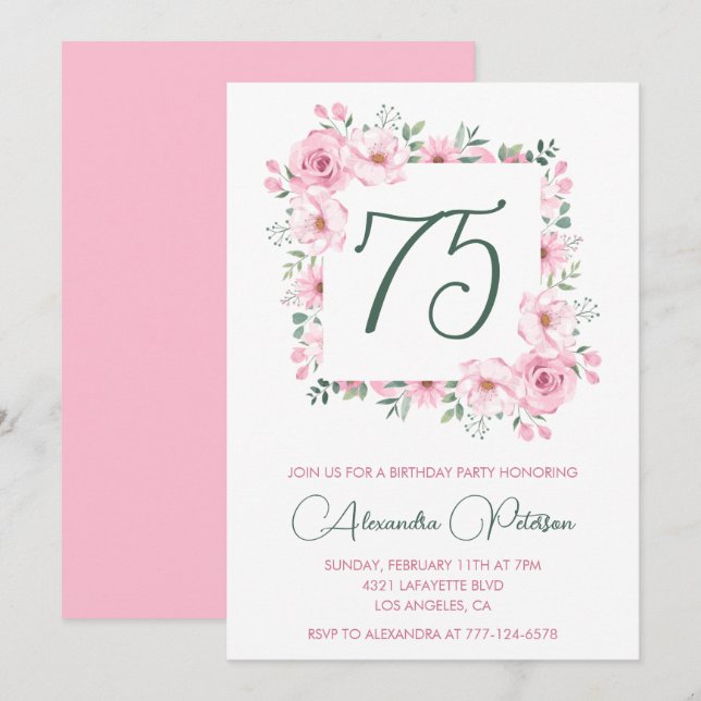 Elegante invitaciones por 75 años Floral Pink (Anverso / Reverso)