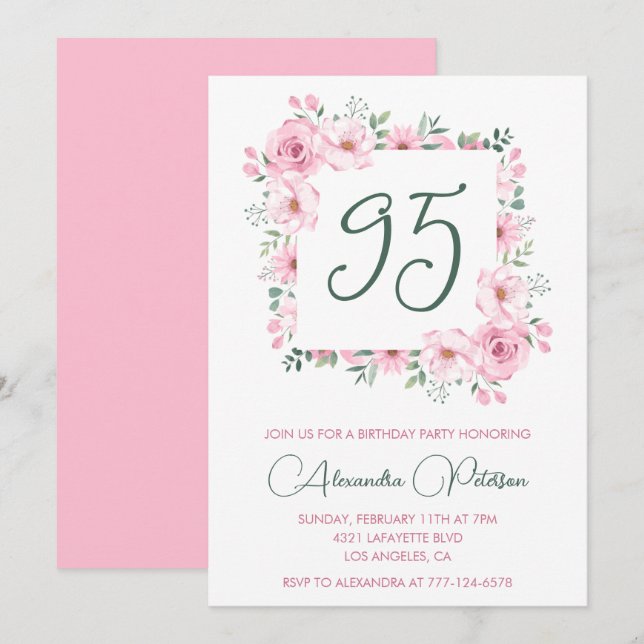 Elegante invitaciones por 95 años Floral Pink (Anverso / Reverso)