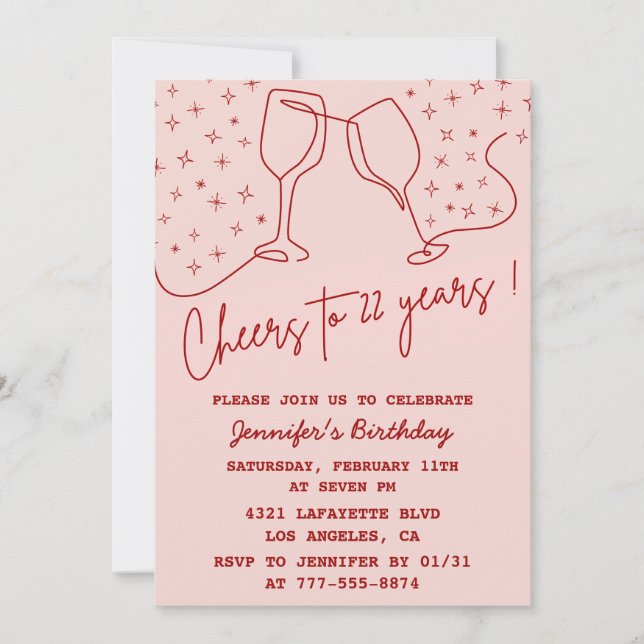 Elegante invitaciones rosadas 22 de cumpleaños Sal (Anverso)