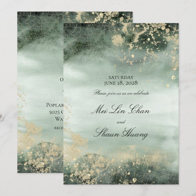Elegante Jade Y Invitación A La Boda Moderna De Or (Anverso / Reverso)