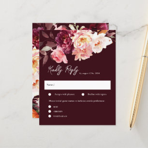 Elegante Jardín Floral Boda Borgoña Tarjetas RSVP
