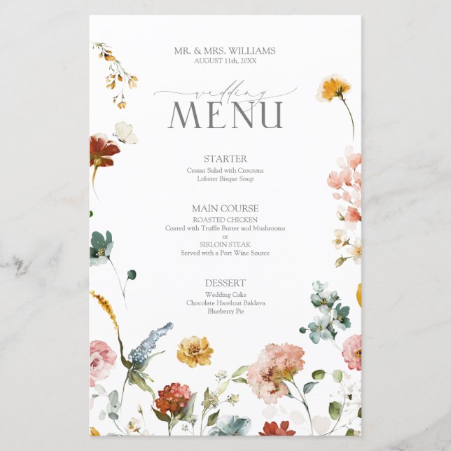 Elegante Jardín Flores Watercolor Menú Boda (Anverso)