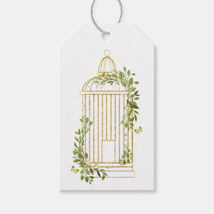 Elegante jaula de oro para pájaros con etiqueta de