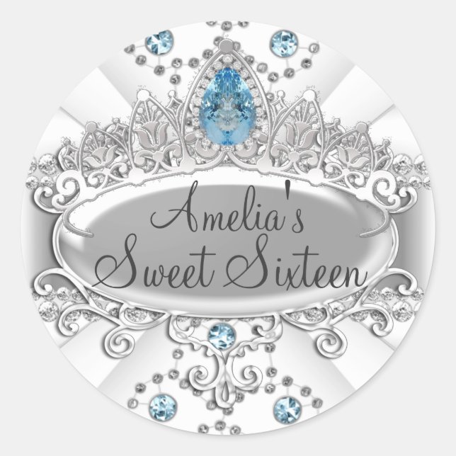 Elegante Jewel Azul Tiara Sweet Dieciséis Pegatina (Anverso)