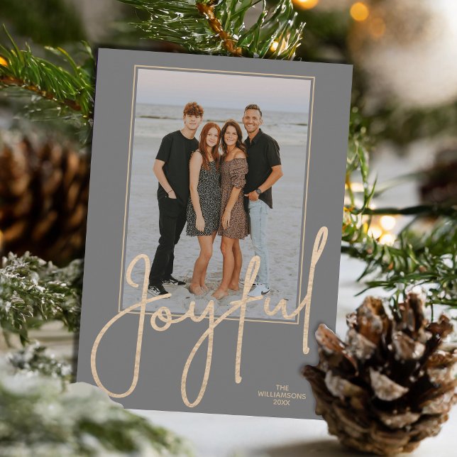 Elegante JOYFUL en oro Script en foto de Navidad g (Elegant Gold JOYFUL Script on grey photo Christmas holiday cards, PRINTED and/or INSTANT DOWNLOAD)