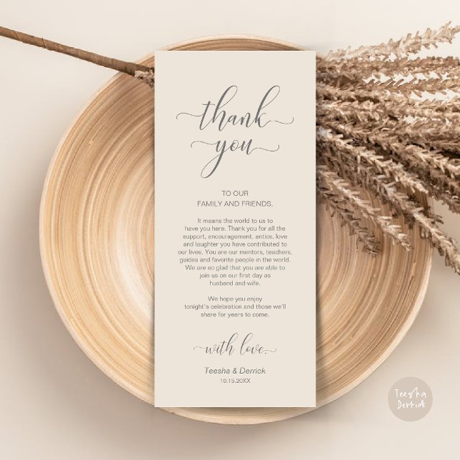 Elegante Juego de Bodas - Tarjeta de agradecimient (Wedding Dinner Place Setting Thank You Card, in Modern Classy, cream dark grey)