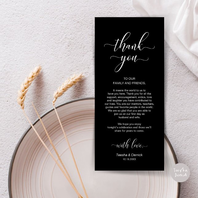 Elegante Juego de Bodas - Tarjeta de agradecimient (Wedding Dinner Place Setting Thank You Card, in Modern Classy, timeless classy black)