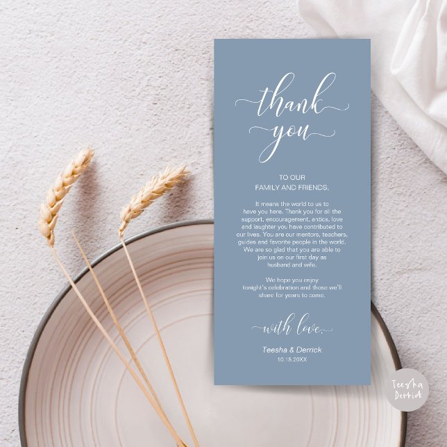 Elegante Juego de Bodas - Tarjeta de agradecimient (Wedding Dinner Place Setting Thank You Card, in Modern Classy, Dusty Blue)