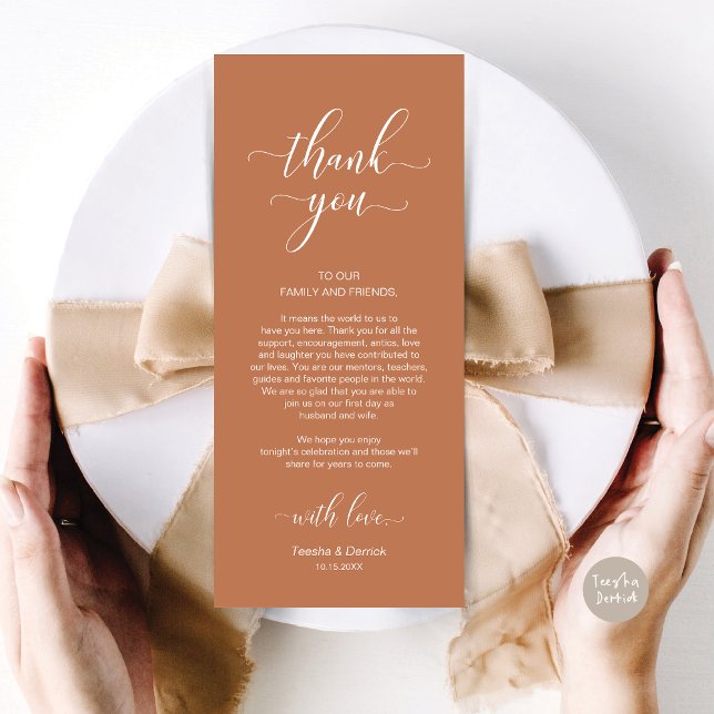Elegante Juego de Bodas - Tarjeta de agradecimient (Wedding Dinner Place Setting Thank You Card, in Modern Classy, Copper Rust Brown)