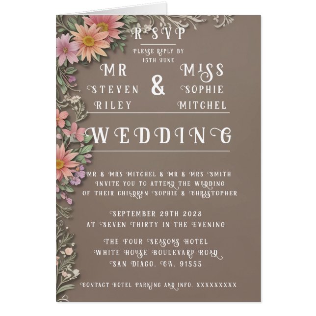 Elegante juego de invitaciones de bodas florales (Frente)