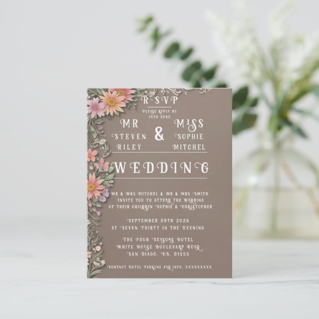 Elegante juego de invitaciones de bodas florales (Anverso de pie)