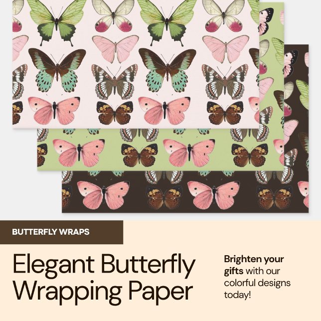 Elegante juego de papel de envolvimiento de maripo (Elegant Butterfly Garden Wrapping Paper Set – Pink, Green & Brown Nature Gift Wrap)