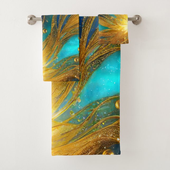 Elegante juego de toallas de baño Blue Gold Burst (In situ)