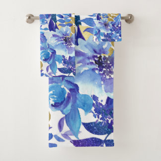 Elegante juego de toallas florales azules y dorada