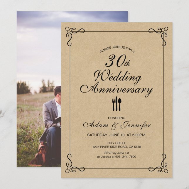 Elegante kraft 30º aniversario Boda Invitación (Anverso / Reverso)