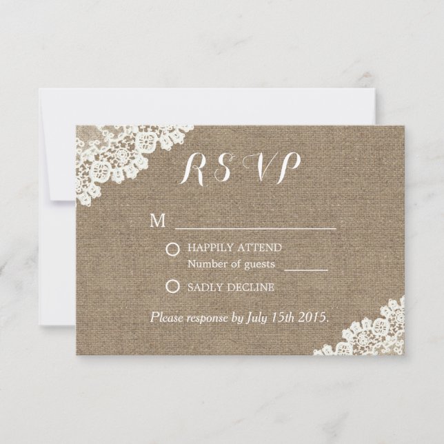 Elegante Lace Corner Burlap Wedding RSVP (Anverso)