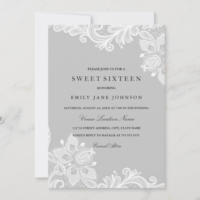 Elegante Lace Gris Blanco Dulce Invitación (Anverso)