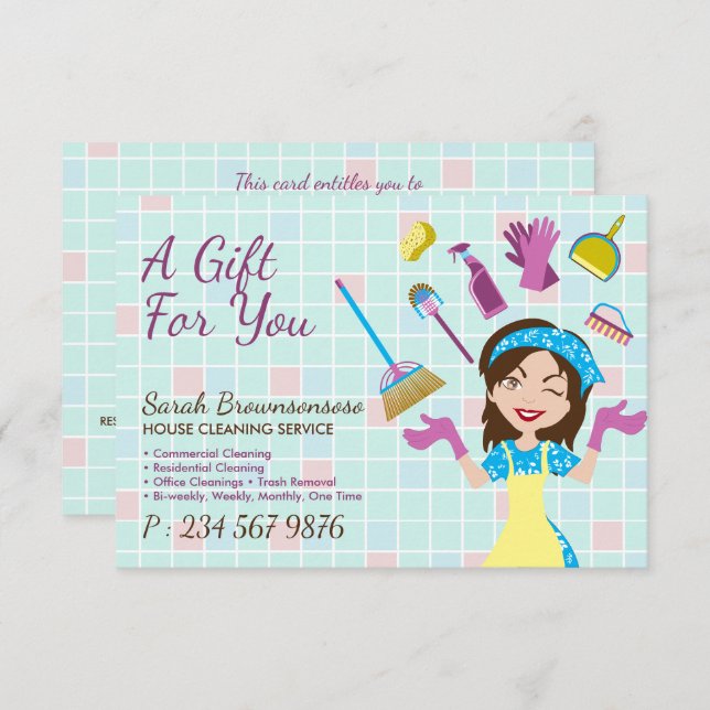 Elegante lavado azul rosado Cute Maid Janitorial (Anverso / Reverso)