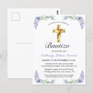Elegante Lavanda Cruz De Oro Bautizo Invitación