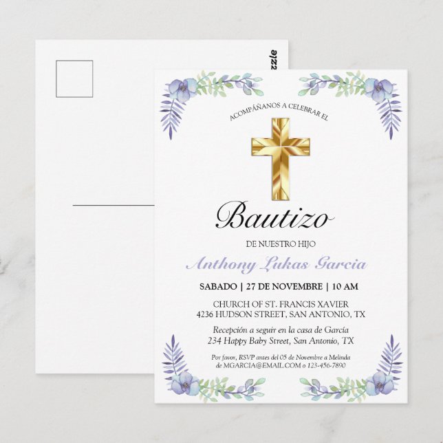Elegante Lavanda Cruz De Oro Bautizo Invitación (Anverso / Reverso)