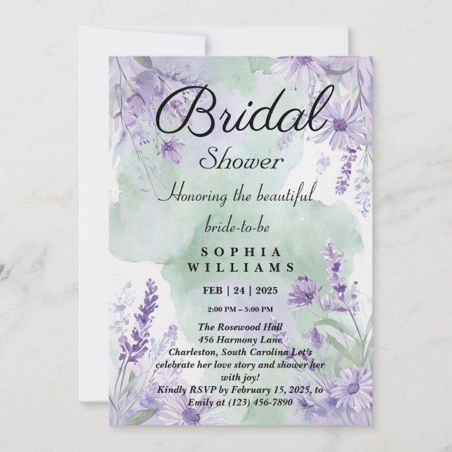 Elegante Lavanda Floral Bridal Ducha Invitación (Anverso)
