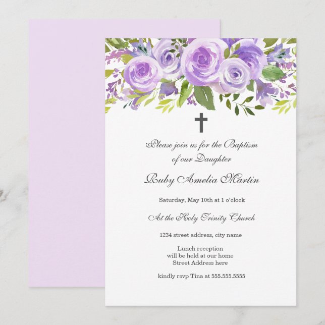 Elegante Lavanda Floral Rosa Baptismo Invitación (Anverso / Reverso)