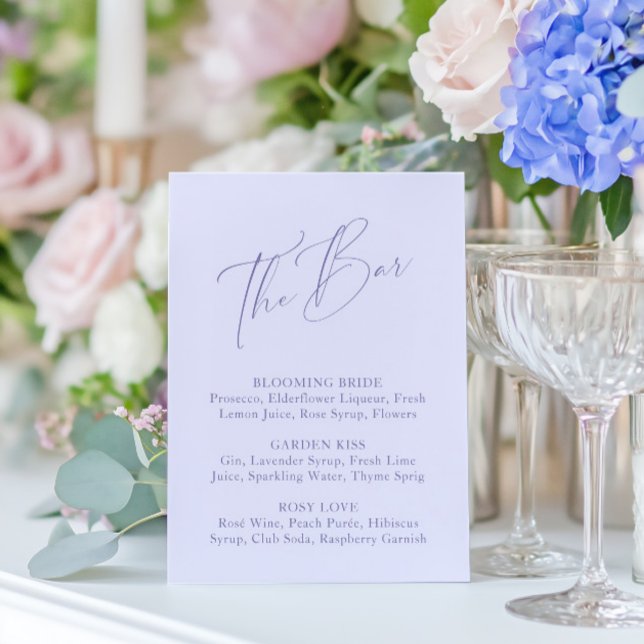 Elegante Lavanda Minimal Menú Bridal Shower Bar (Elegant Minimal Lavender Bridal Shower Bar Menu)