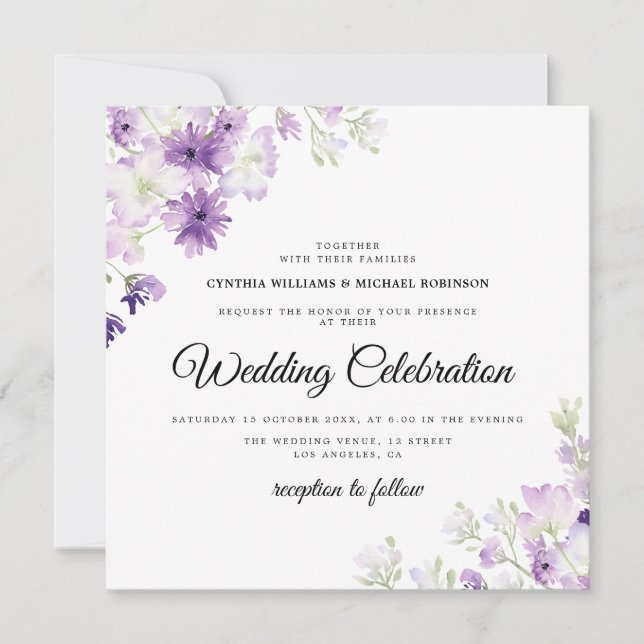 elegante lavanda morada invitación a boda floral (Anverso)