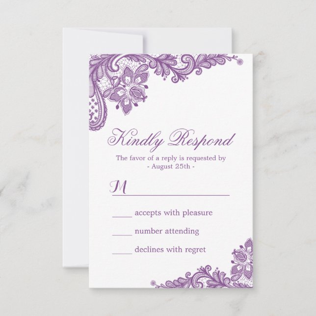 Elegante Lavanda Morado Patrón de Encaje RSVP (Anverso)
